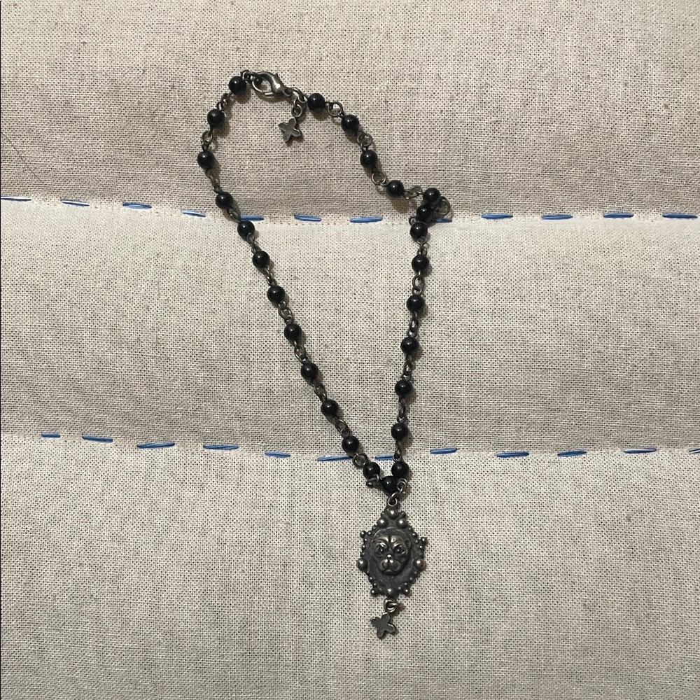 90,s Pug Face & cross Black Beaded choker Necklace Vintage